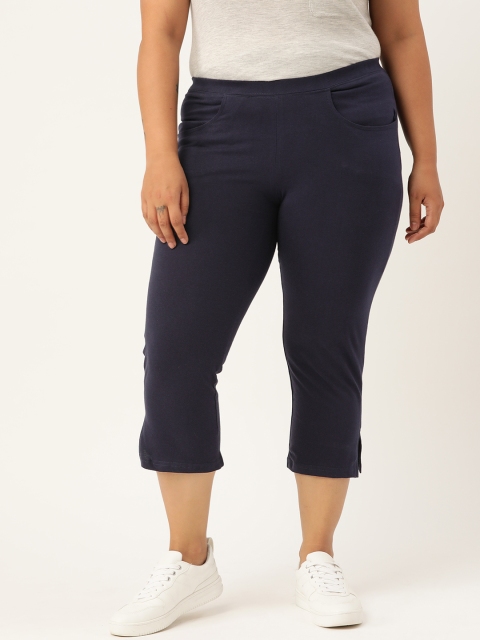 

Revolution Women Navy Blue Pure Cotton Solid High Rise Regular Fit Capris