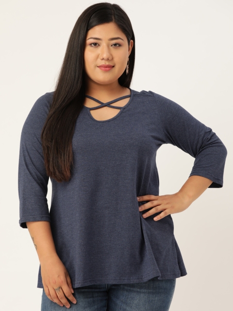 

Revolution Plus Size Navy Blue Pure Cotton Lace-Up Neck Top