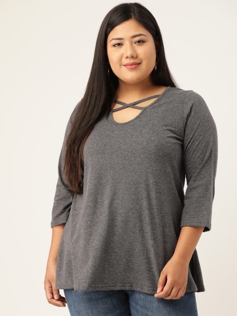 

Revolution Plus Size Charcoal Grey Pure Cotton Lace-Up Neck Top
