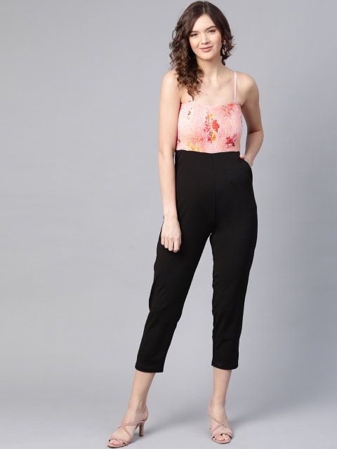

SASSAFRAS Pink and Black Floral Print Smocked Jumpsuit