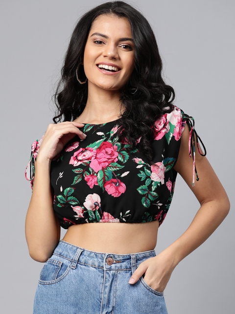 

SASSAFRAS Black and Pink Floral Print Ruched Crop Top