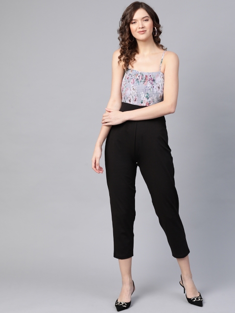 

SASSAFRAS Black and Purple Colourblocked Smocked Jumpsuit