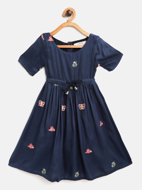 

I AM FOR YOU Girls Navy Blue & Pink Quirky Embroidered Fit and Flare Dress