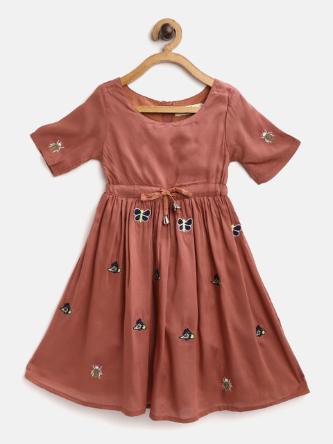 

I AM FOR YOU Girls Rust Orange & Navy Blue Embroidered Fit & Flare Dress with Tie-Ups