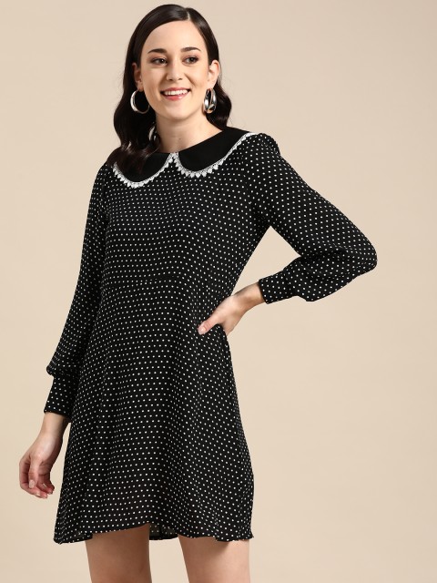 

COVER STORY Women Black & White Polka Dot Print A-Line Dress