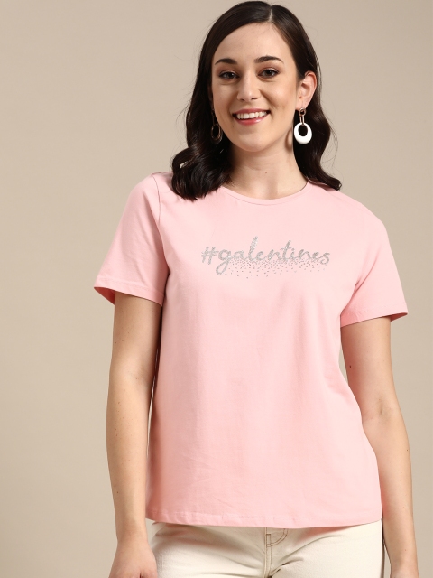 

COVER STORY Women Pink Beady Typography Print Round Neck T-shirt