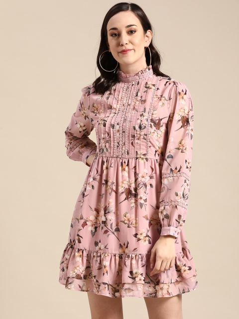 

COVER STORY Women Pink & Grey Floral Print A-Line Dress