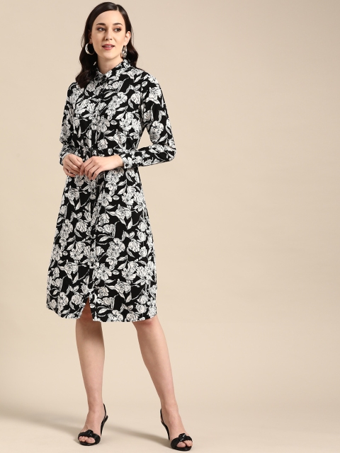 

COVER STORY Women Black & White Floral Print Shirt Dress with Belt