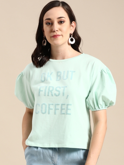 

COVER STORY Mint Green Slogan Print Puff Sleeves Top