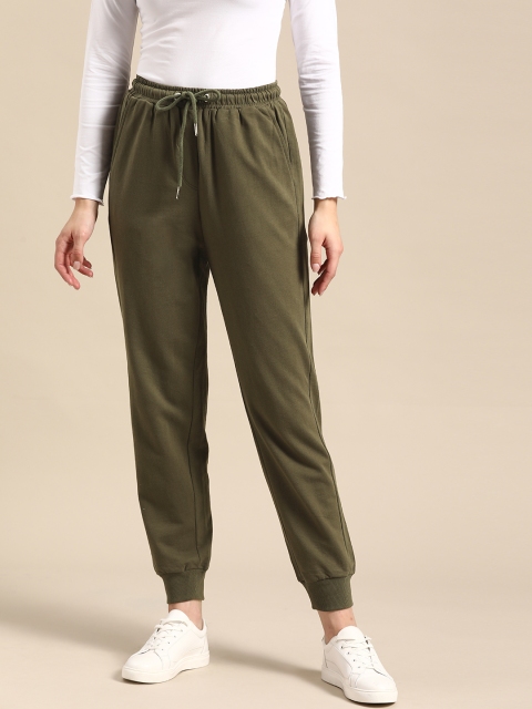 

COVER STORY Women Olive Green Pure Cotton Regular Fit Solid Cropped Joggers