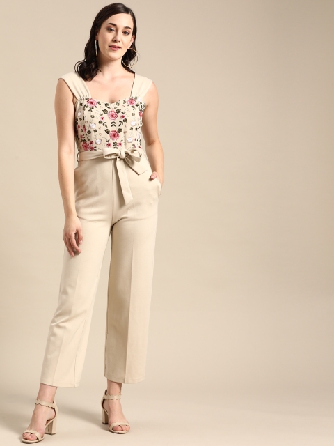 

COVER STORY Women Beige & Pink Floral Embroidery Crop Basic Jumpsuit with Belt