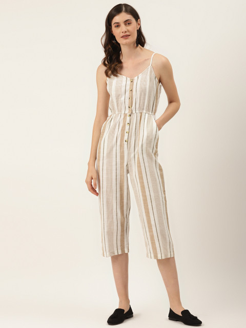 

DIVA WALK EXCLUSIVE Women Off-White & Beige Striped Basic Jumpsuit