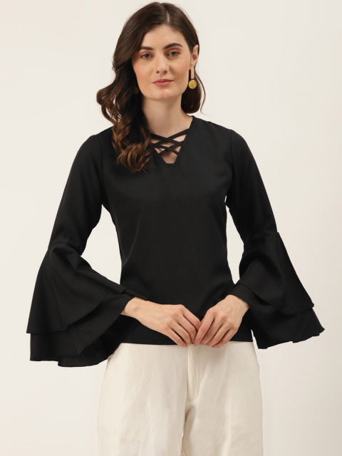 

DIVA WALK EXCLUSIVE Black Keyhole Neck Bell Sleeves Regular Top