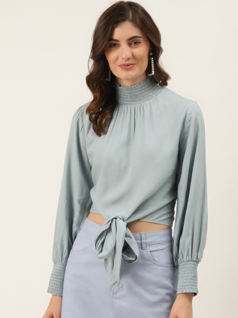 

DIVA WALK EXCLUSIVE Blue Liva Cuffed Sleeves High Neck Regular Crop Top