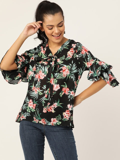 

DIVA WALK EXCLUSIVE Black & Green Floral Printed Tie-Up Neck Bell Sleeves Regular Top