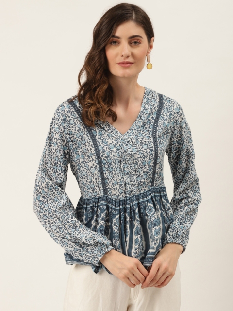 

DIVA WALK EXCLUSIVE Blue & Off White Liva Floral Printed A-Line Top