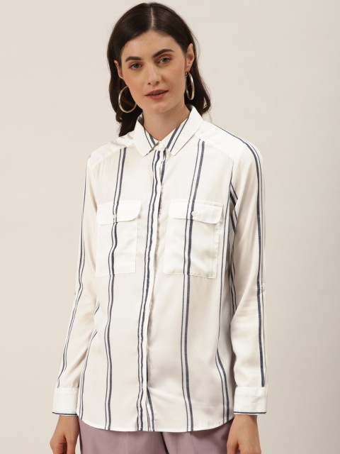 

DIVA WALK EXCLUSIVE Women White & Navy Blue Striped Casual Shirt