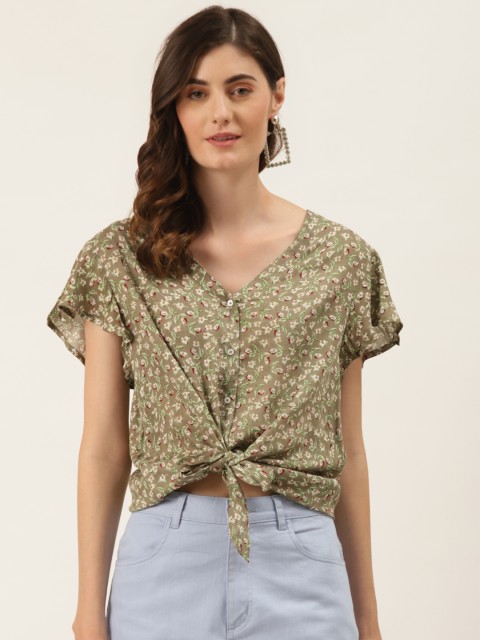 

DIVA WALK EXCLUSIVE Olive Green & Red Floral Printed Flared Sleeves Regular Top
