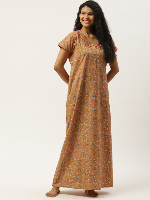 

Sweet Dreams Rust Orange & Red Cotton Ethnic Print Maxi Nightdress
