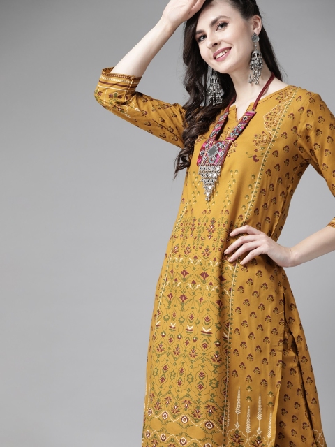 

Ishin Women Mustard Yellow & Maroon Printed Panelled Kurta with Trousers