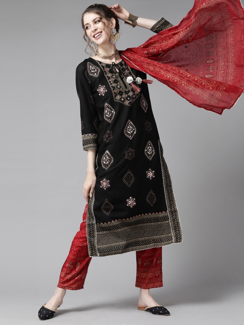 

Ishin Women Black & Maroon Zari Embroidered Mirror Work Kurta with Trousers & Dupatta