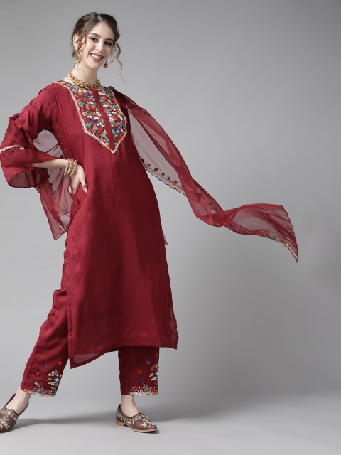 

Ishin Women Maroon Pure Silk Embroidered Kurta with Trousers & Dupatta