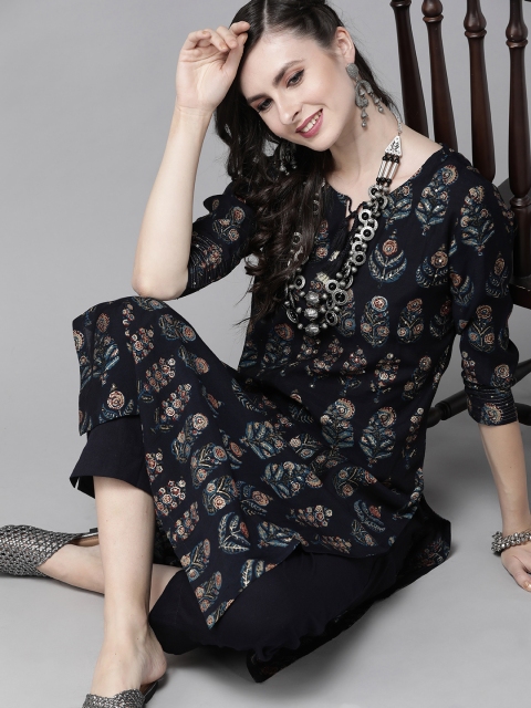 

Ishin Women Navy Blue & Golden Printed Kurta with Trousers
