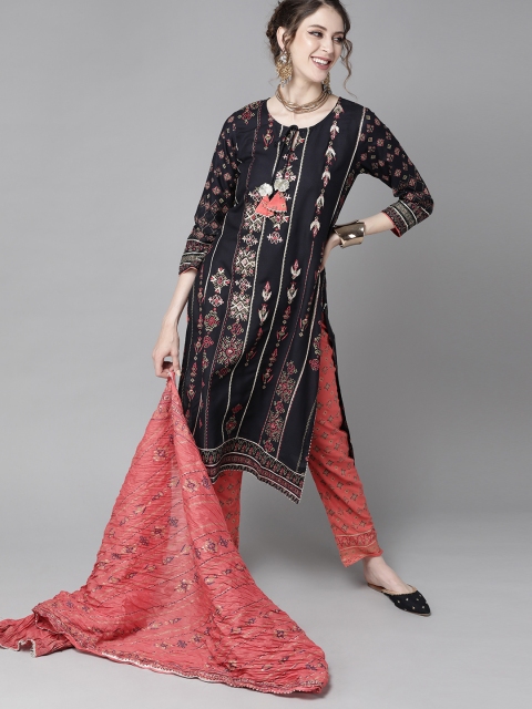 

Ishin Women Navy Blue & Peach-Coloured Embroidered Kurta with Trousers & Dupatta