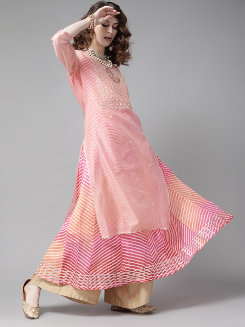

Ishin Women Pink & Peach-Coloured Leheriya Printed Pastels Chanderi Silk Anarkali Kurta
