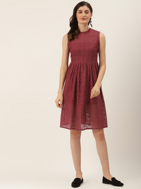 

DIVA WALK EXCLUSIVE Women Maroon Self Design Lace Cotton A-Line Dress