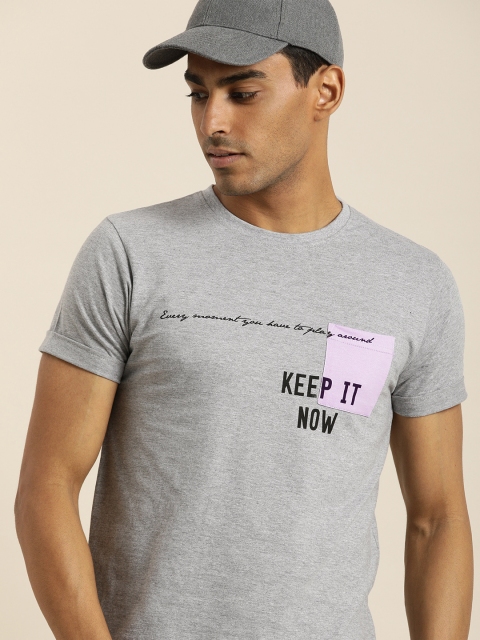 

Difference of Opinion Men Grey Melange Printed Roll-Up Sleeves Pure Cotton T-shirt