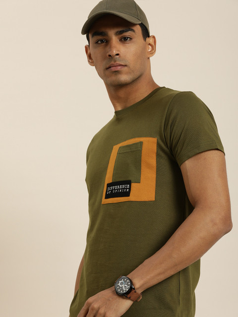 

Difference of Opinion Men Olive Green Colourblocked Pure Cotton T-shirt