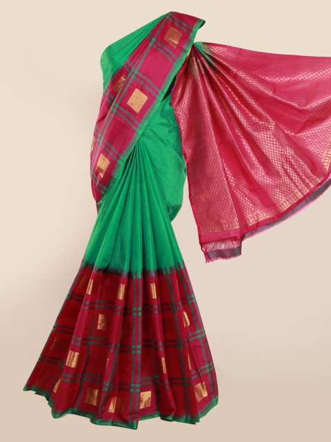 

Pothys Green & Pink Pure Silk Colourblocked Kanjeevaram Saree