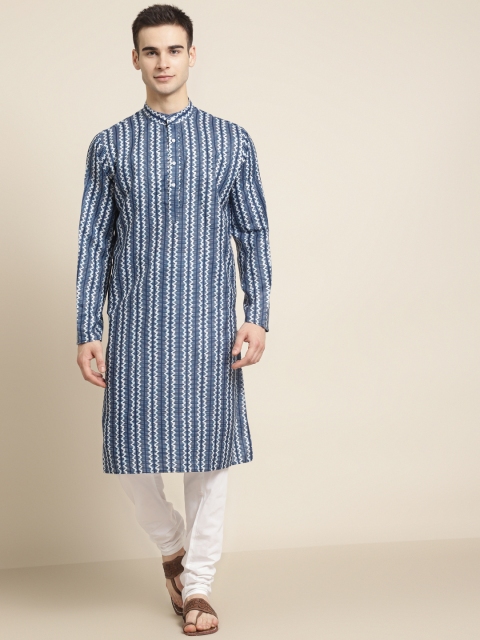 

SOJANYA Men Blue & White Striped Cotton Kurta with Churidar