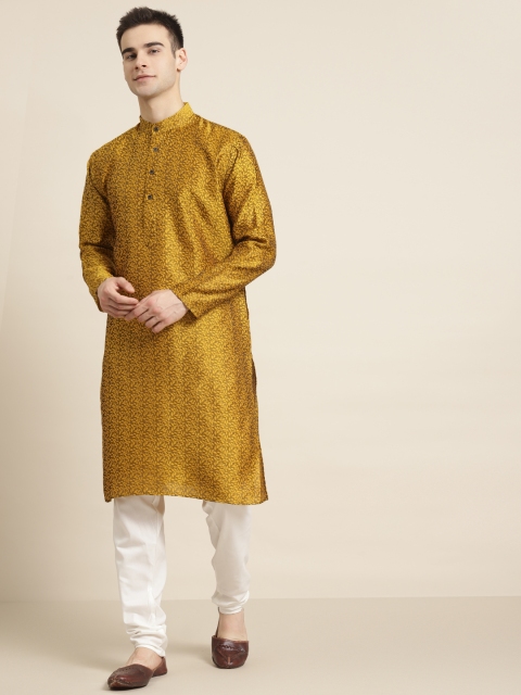 

SOJANYA Men Golden & Off-White Self Design Kurta with Churidar, Gold