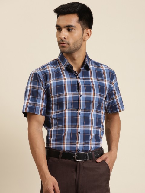 

SOJANYA Men Navy Blue & Rust Orange Pure Cotton Regular Fit Checked Formal Shirt