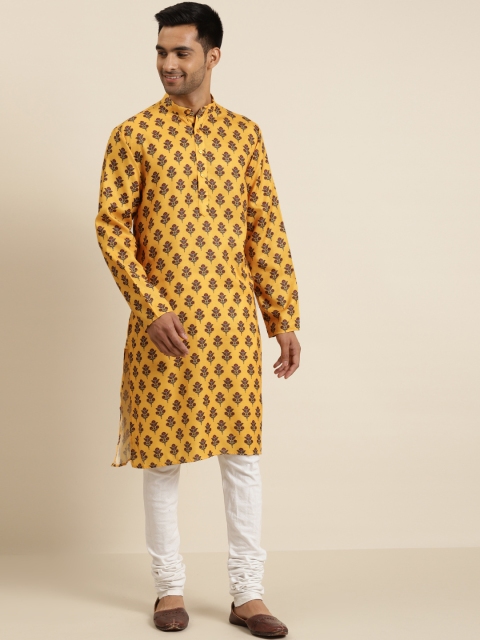 

SOJANYA Men Mustard Yellow & Maroon Pure Cotton Ethnic Motifs Printed Kurta