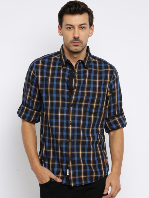 

Roadster Men Navy & Black Regular Fit Checked Casual Shirt, Navy blue