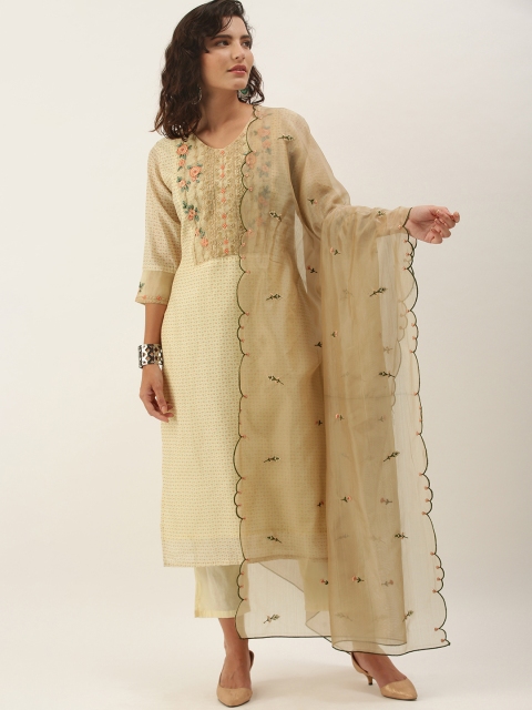 

Touch Trends Women Beige Floral Printed Regular Straight Thread Work Chanderi Silk Kurta