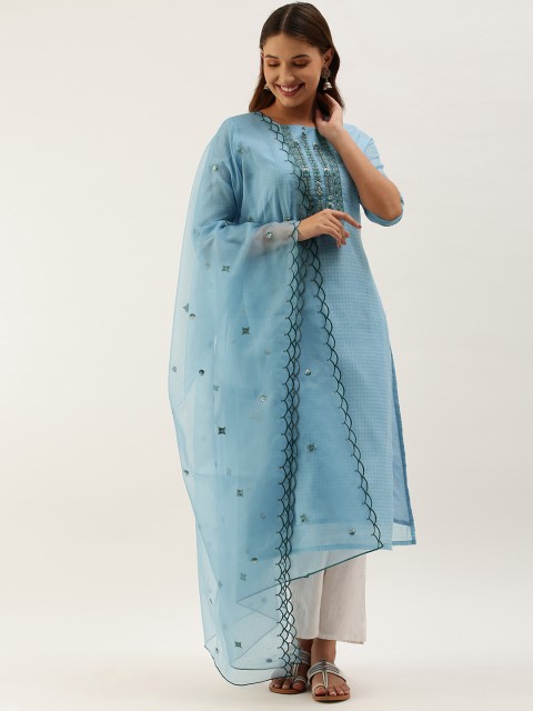 

Touch Trends Women Blue Ethnic Motifs Printed Regular Straight Thread Work Chanderi Silk