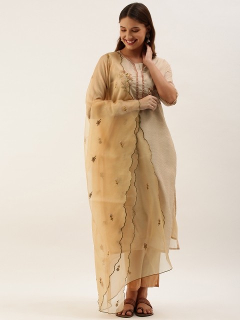

Touch Trends Women Beige Floral Printed Regular Straight Thread Work Chanderi Silk Kurta