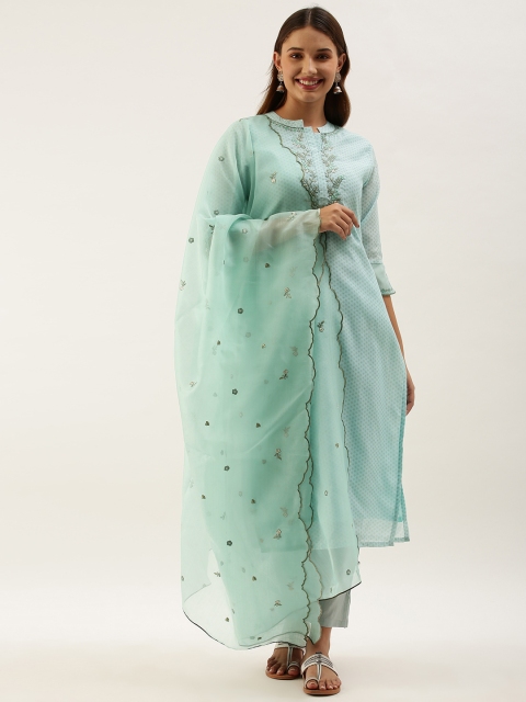 

Touch Trends Women Sea Green Ethnic Motifs Printed Regular Straight Thread Work Chanderi