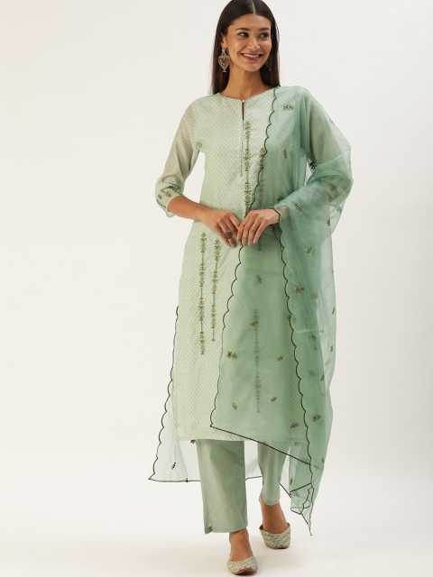 

Touch Trends Women Sea Green Embroidered Thread Work Chanderi Silk Kurti with Trousers & With Dupatta