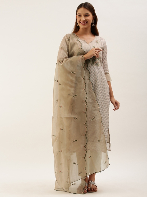 

Touch Trends Women Beige & Grey Floral Printed Regular Straight Thread Work Chanderi