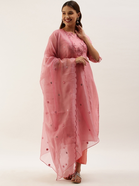 

Touch Trends Women Pink Ethnic Motifs Printed Regular Straight Thread Work Chanderi Silk