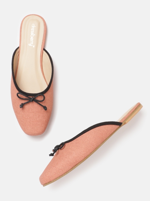 

DressBerry Women Peach-Coloured Textured Mules with Bow Detail