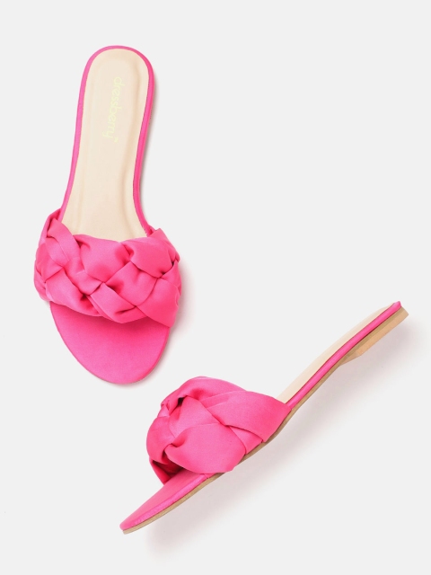 

DressBerry Women Fuchsia Pink Satin Finish Basketweave Open Toe Flats
