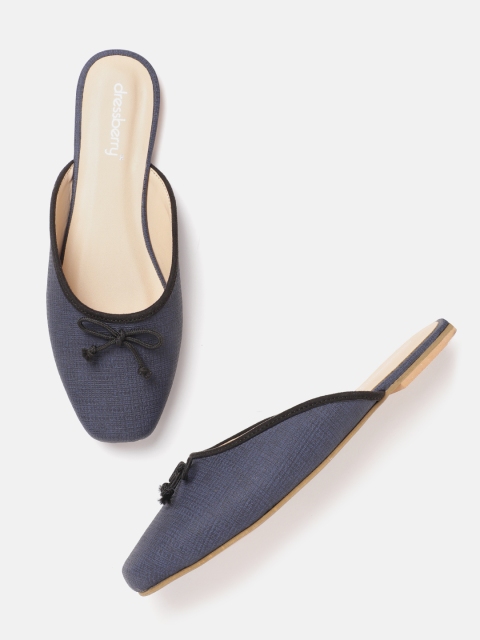 

DressBerry Women Navy Blue Textured Bow Detail Mules