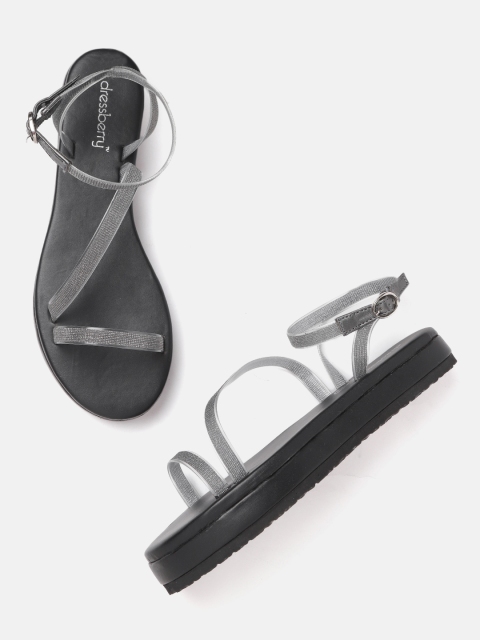 

DressBerry Women Gunmetal-Toned Shimmered Open Toe Flats, Metallic