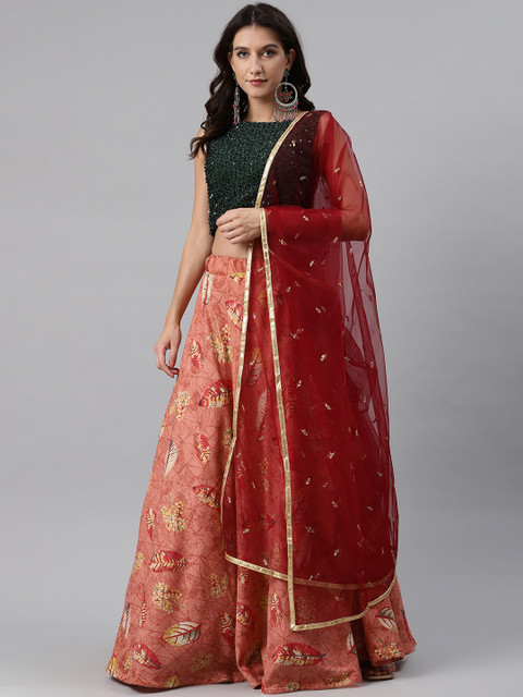 

SHUBHKALA Rust Orange & Green Embellished Semi-Stitched Lehenga & Blouse with Dupatta
